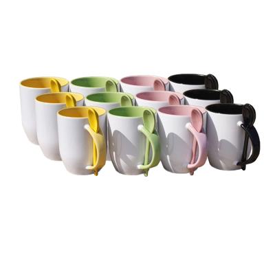 China Durable 11OZ Sublimation Transfer Masks Double Color Ceramic Tea Cup Coffee Mugs With Spoon for sale