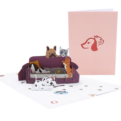 China DIY Cards Cat and Dog Family 3d Paper Pop Up Card Bulk Writeable Greeting Card Home Decor 3d Christmas Greeting Cards for sale