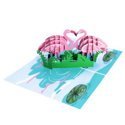 China Valentine Wholesale 3d Laser Cutting Flamingos Pop Up Rewritable Greeting Cards For Valentine's Day Home Decoration for sale