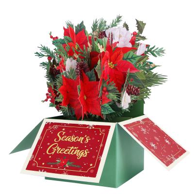 China Christmas Decor Pinsettia Bouquet 3d Paper Greeting Christmas Garden Decor Christmas Flower Decorations Pop Up Cards for sale