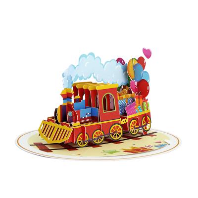 China Decorative Gift Train Paper Craft Writeable Greeting Card 3d Gift Voucher Paper Pop Up Paper Card for sale