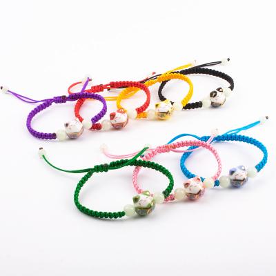 China Adjustable Bracelet Black Blue Red Rope String Bracelet For Women Ceramic Lucky Cat Transfer Handwoven Red Rope for sale