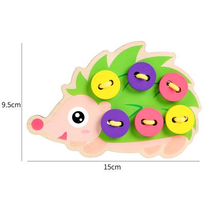 China Eco-friendly Material Early Education Busy Board Beads String Lacing Wooden Hedgehog Toy Sewing Button Threading Toy for sale