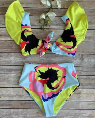 China 2021 New Arrival Breathable Printing Two Piece Bikini Set For Women Flounce Front Knot Beachwear Bathing Suit for sale