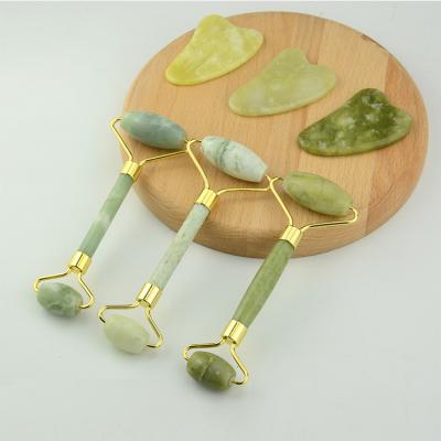 China Natural Green Facial Jade Roller Gua Sha Set High Quality Body Massage Skin Care Instrument With Box for sale