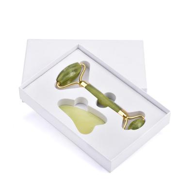 China Natural Green Jade Roller Anti Aging Facial Jade Roller Gua Sha Set Jade Green Facial Massage Body Massage Tools for sale