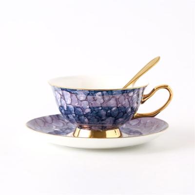 China Viable Royal Cheap Modern Purple Marble Wedding Gold Plated New Bone China Tea Cup Set for sale