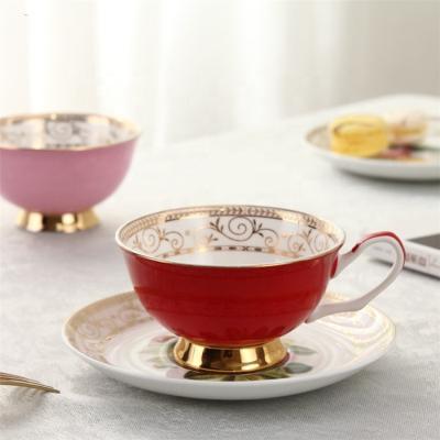 China Viable modern graceful English fine bone china tea cup and saucer in red color for tea time for sale