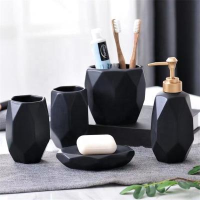 China Viable Color Black Geometric Color Modern Wares Matte Glazed 5 Pcs Antique Bathroom Accessories for sale