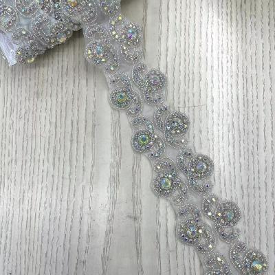 China Pointback New arrival Rhinestone Beaded Trim Applique Iron On Bridal Costume SEW ON DIY Craft for sale