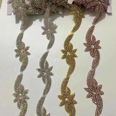 China Pointback Bling Flower Rhinestone trim iron on belt For Wedding Gown Bridal Evening Wear Diamond Hot Fix Design Patch for sale