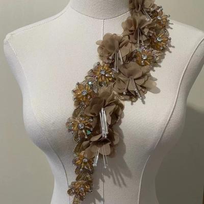 China 3D 3D wedding long big dress beaded glass flower embellishment floral patch embroidery flower applique for sale