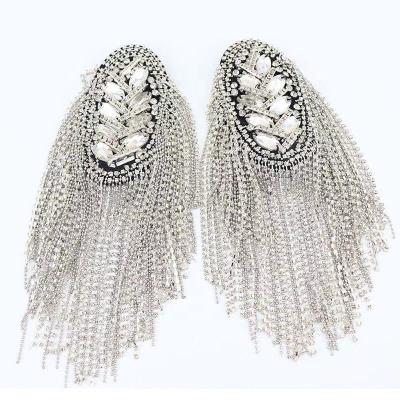 China 3D Silver Shoulder Patch Epaulettes Rhinestone Beaded Epaulet Fringe Shoulder Badge Rhinestone Applique for Costumes for sale