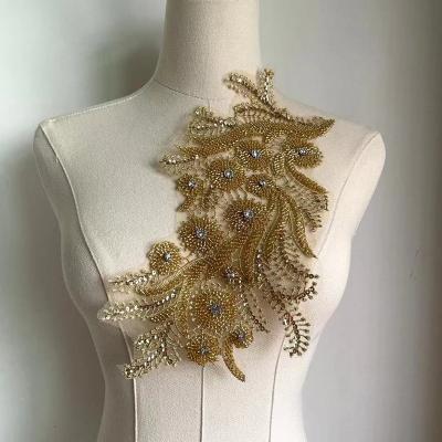 China 3D 3d gold peacock tail florals lace applique, heavy bead lace applique for sale