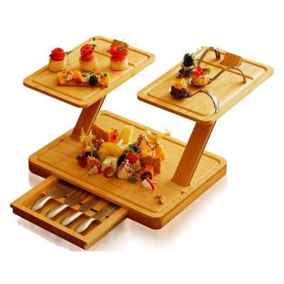 China 3-Layer Modular Tray Stocked Cheese Board And Charcuterie Set.Foldable Knives Serving Tray With Slide-Out Drawer for sale