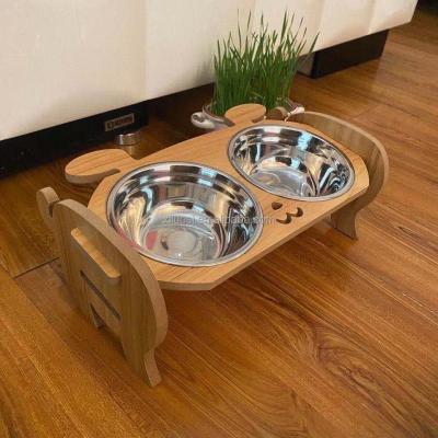 China New Design Product Sustainable Sale Pet Raised Pet Bowl Adjustable Bamboo Feeder Frame Stainless Steel for sale