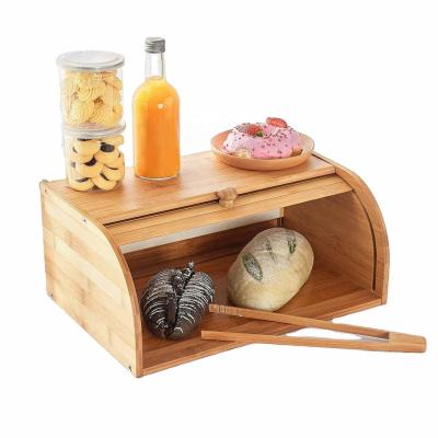 China Eco-friendly Natural Bamboo Kitchen Food Storage Bread Bin Countertop Sustainable Waste Bin With Rolling Top for sale