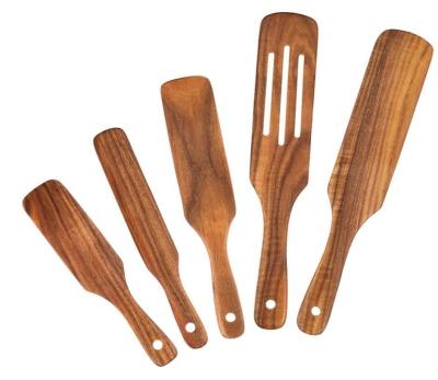 China Sustainable 5Pcs Premium Natural Teak Wood Slotted Spatulas Spoons Set Cookware Kitchen Baking Utensils for sale