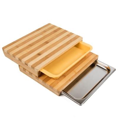 China Viable Tips Logo Bamboo Cutting Board For Custom Kitchen With Stainless Tray Storage Drawer for sale