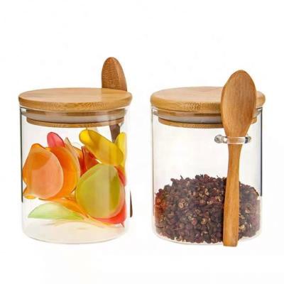 China Sustainable High Borosilicate Glass Bangs Bamboo Lids With Wooden Spoon Or Honey for sale