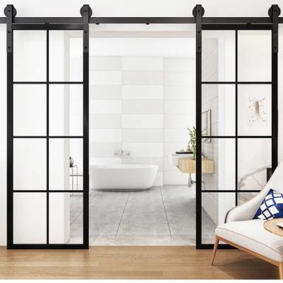 China Alucasa Sound Insulation Frosted Glass Frameless Interior Door, Black French Aluminum Sliding Barn Door With Hardware for sale