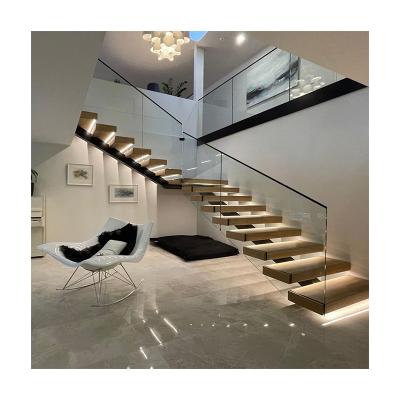 China Alucasa Modern Australian Style Indoor Glass Wood Staircase Floating Straight Stairs With Led Tread for sale