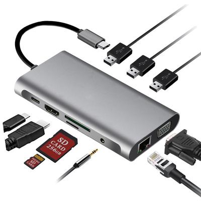 China Mobile Devices .desk Computer 10 In 1 Type C USB Hub For Computer Usb C Hub VGA Lan Port High Speed ​​10 In 1 Docking Station For Laptop for sale