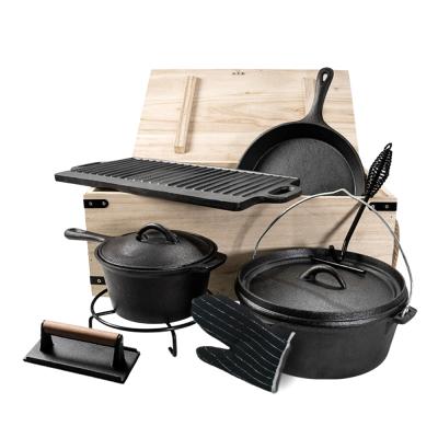 China Sustainable Outdoor BBQ Picnic 9 Pieces Cast Iron Dutch Oven Pre-Seasoned Camping Cookware Set With Wooden Box for sale