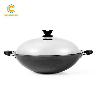 China Cookercool Home Restaurant Nitriding Sustainable Non Stick Carbon Steel Double Handle Wok for sale