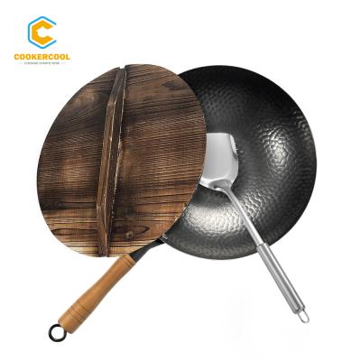 China Sustainable Hot Sale Cookercool Amazon Kitchen Cooking Non Nitriding Stick Carbon Steel Big Wok With Wood Cover for sale