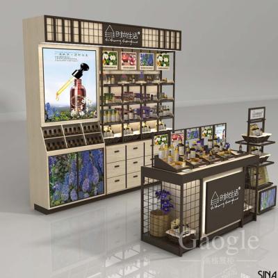 China LED Retail Cosmetic Display Counters Wood Grain Cosmetic Display Cabinet Counters for sale