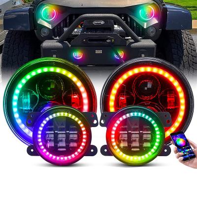 China Hi-Low Beam Round RGB Halo Chasing Kit By App Control H4 7 Inch Headlight And 4 Inch Fog Light Assembly To H13 Socket For J Entry And Exit W Rangeler JK for sale