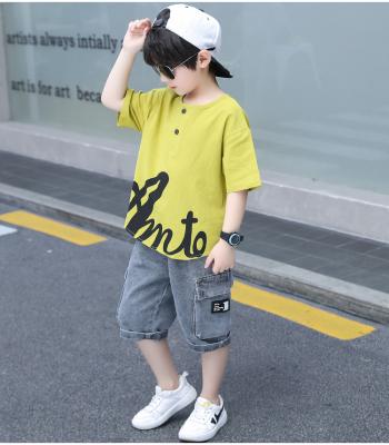 China 2021 New Boys Summer Short Sleeve Casual Children's Suit Fashion T-shirt Denim Handsome Suit for sale