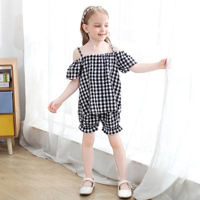 China Fashion\Comfortable\Durable 2021 Summer Baby Clothes Children's Cotton Lattice Girl Pull Shoulder Sleeves Shorts Children Clothes Girl Two-Piece Dress for sale