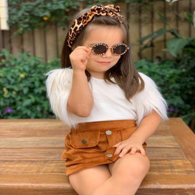 China 2022 casual new pure white feather sleeve button T-shirt corduroy short skirt little girls' clothing sets autumn for sale