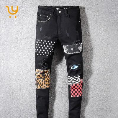 China Hot Selling QUICK DRY Leopard Patch Jeans High Street Slim Plus Size Pants Mens Jeans Distressed Bleached for sale