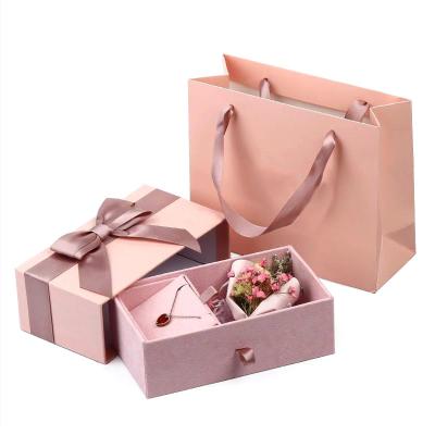 China Leather Custom Pink Color Laminated Paper Jewelry Box Drawer Cardboard Pendant Earrings Box With Flower for sale