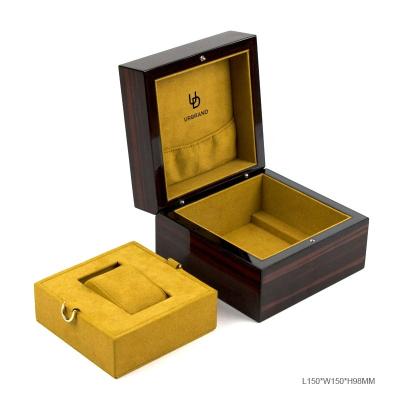 China Simple Ebony Glossy Lacquer Watch Gift Packaging Box Custom Logo Wooden Wristwatch Premium Glossy Wooden Box With Removable Insert for sale