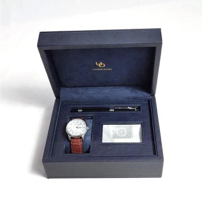 China Custom Wooden/Plastic+PU Leather Wrist Watch Gift Packaging Box Logo Portable Plastic Flat Mens Quilting PU Leather Watch Storage Box With Card Slot for sale