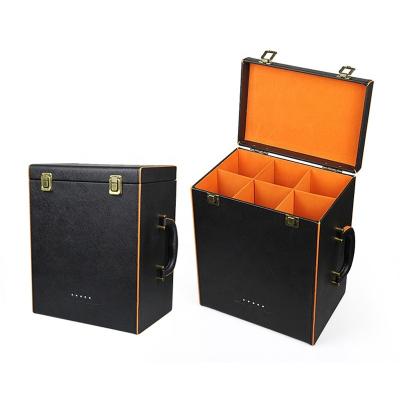 China Excellent Logo Handmade Custom PU Leather Six Lockable Wine Bottle Storage Suitcases 6 Glass Bottles Wine Gift Packing Box With Handle for sale