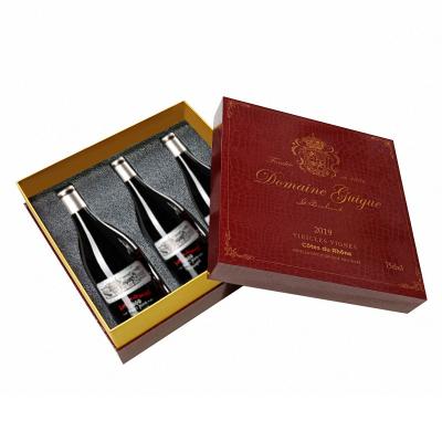 China Recycled Materials Dongguan Custom Logo Printed Lid and Cardboard Paper Wine Bottle Gift Presentation Packaging Set Low Foam Insert Wine Box for sale