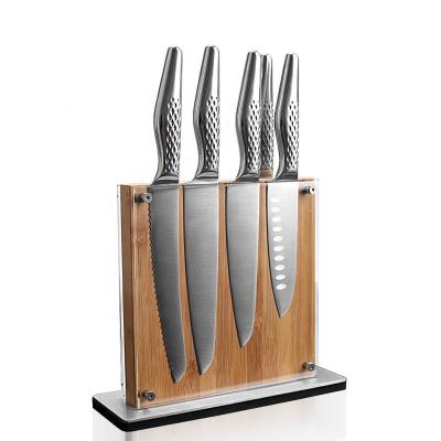 China New Design Disposable Custom Wholesale 5 Pcs Stainless Steel Kitchen Knife Set With Bamboo Knife Block for sale