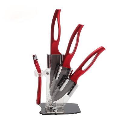 China Kitchen Disposable High Quality Zirconia Handle Red Color 5 Pieces Ceramic Knife Set With Acrylic Holder for sale