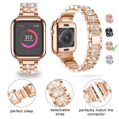 China Fashion 3 Beads Diamond Ladies Watch Strap 38mm 40mm 42mm 44mm Luxury Stainless Steel Watch Band For Apple for sale