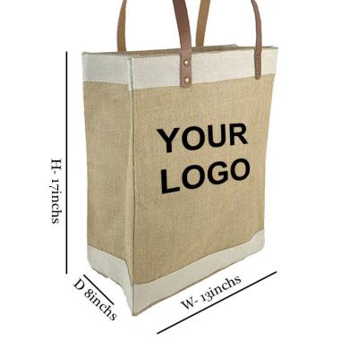 China Large reusable slogan tote waterproof eco recycle large organic wine beach jute hemp shopping bag with leather handles for sale