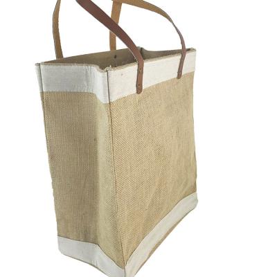 China Buti Reusable Custom Printed Eco Shopping Organic Reusable Tote Burlap Jute Bag With Large Leather Handles for sale