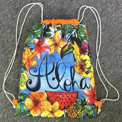 China Personalized 2018 Rope Handle Summer Bags Beach Custom Canvas Cotton Drawstring Bag Tropical Print Beach Bag for sale