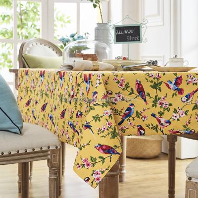 China Flower Bird Print Waterproof Table Cloth Printed 100% Cotton Yellow Tablecloths for sale