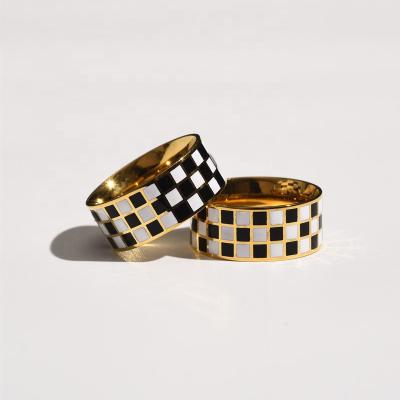 China TRENDY FASHIONABLE Non Tarnish Stainless Steel 18K Gold Plated Black And White Enamel Grid Checkerboard Ring for sale