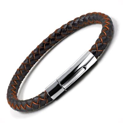 China TOP LEVEL FASHIONABLE Mens Jewelry Stainless Steel Clasp 6MM Magnetic Black Leather Knitting Bracelet for sale